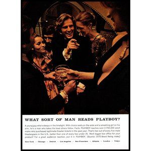 1971 What Sort of Man Reads Playboy Vintage Print Ad Dinner Party Cigar Wall Art